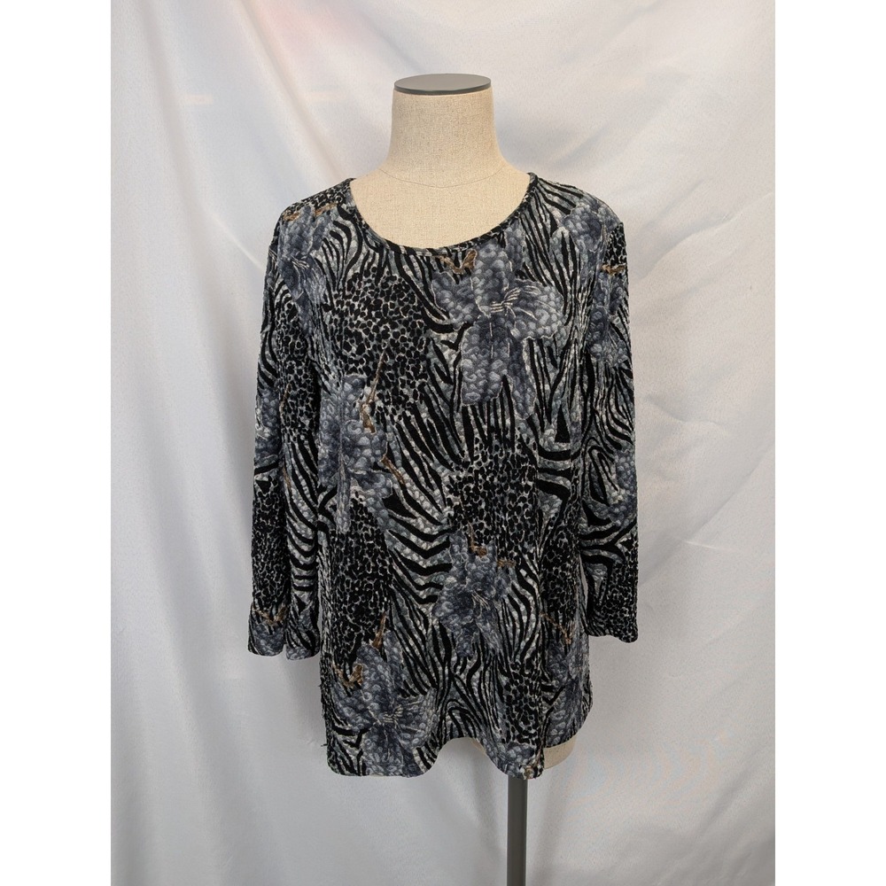 Peter Nygård Top Large L Gray Black Abstract Animal Print Devoré‎ Burnout Luxe